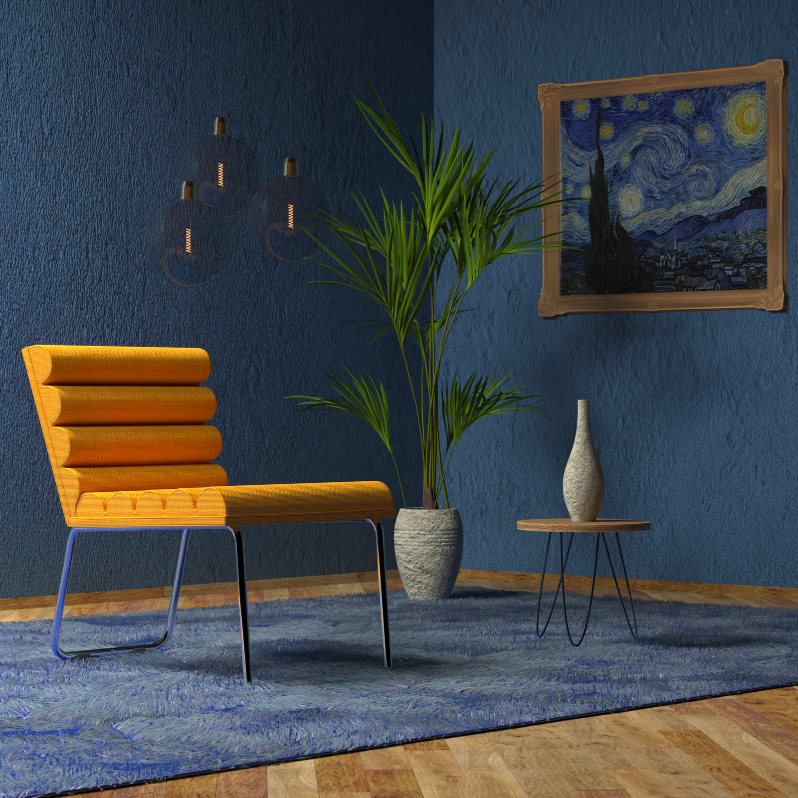 Modern Scandinavian interior design with blue walls, yellow chair, and starry night painting.